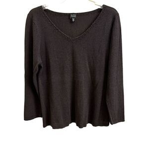 Eileen Fisher V-neck Blouse Top Beaded Neckline 3/4 Sleeves Charcoal Gray Large